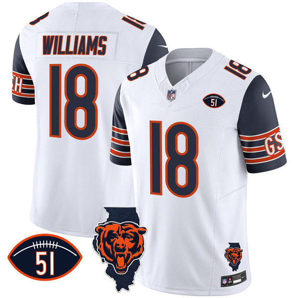Men's Chicago Bears #18 Caleb Williams White/Navy F.U.S.E. With Illinois and No. 51 Patch Stitched Football Jersey Men's Chicago Bears #18 Caleb Williams White/Navy F.U.S.E. With Illinois and No. 51 Patch Stitched Football Jersey